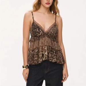 Haut babydoll en mousseline imprimé guépard pour femme, col halter, sans manches, avec bordure en dentelle douce, tenue de nuit tendance pour l'été - Product Image 3