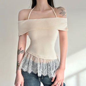 Top estilo americano con cuello halter y hombros descubiertos para mujer, camiseta sexy de verano con encaje y manga corta, corte ajustado - Product Image 4