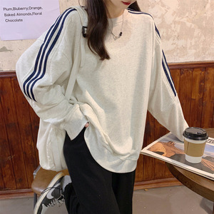 Striped Long Sleeve Pullover Sweatshirt Women Light Gray Navy Blue Breathable Knitted Spring Autumn Korean Style Boyfriend Fit - Product Image 1