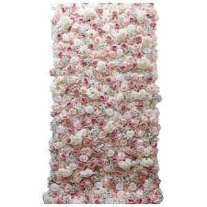 Mur de fleurs artificielles pour mariage, toile de fond 3D 8ft x 8ft, panneau enroulable, roses en tissu blanc et gypsophile rose - Product Image 6