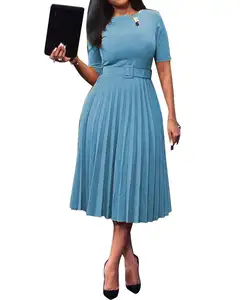 卸売エレガントなレディースビジネスプラスサイズの女性カジュアルプリーツミディプラスサイズドレス