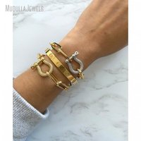 BM49486 Bracelet empilable en acier inoxydable avec chaîne épaisse à maillons trombone, fermoir mousqueton à vis, fermoir fer à cheval et breloque U Lock, bijoux équestres