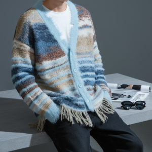 Suéter de Punto Casual con Logotipo Personalizado, Diseño Abierto por Delante, Largo, para Invierno, Antiarrugas, Transpirable, con Rayas Finas y Apliques - Product Image 1