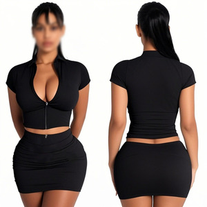 Moda estiva popolare tinta unita con cerniera aderente sexy da ragazza manica corta + gonna da 2 pezzi giacca da donna Set di abiti - Product Image 3