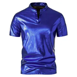 Klasik V Neck T Shirt Pria Shiny Royal Blue Coated Nightclub Tahap T Shirt Pria Hip Hop Streetwear Camiseta Masculina XXL