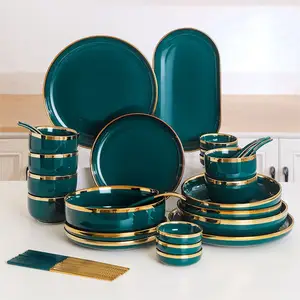 İskandinav tarzı sofra takımı altın kaplama jant 10 inç yeşil yemek takımı assiette porselen modern yemek seramik tabak seti bulaşık
