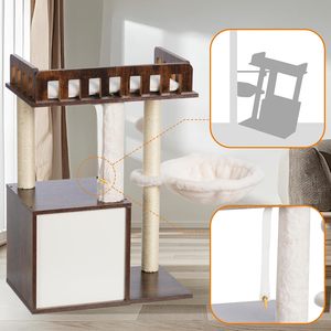 Lüks 38,5 İnç Modern Klasik Tarz İç Mekan Ahşap Çevre Dostu 4 Katlı Kedi Ağacı, Sisal Kulübe Tırmanma ve Tırmalama Kutusu ile - Product Image 6