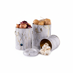 Kontensan Triple Metal Bin Set for Potato Onion and Garlic (3 Pcs) Marble White Design - Product Image 2