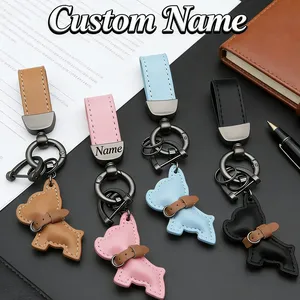 Porte-clés tendance <span class=keywords><strong>en</strong></span> métal et cuir personnalisé avec nom, pendentif pour chien, <span class=keywords><strong>moto</strong></span>, voiture, gravure laser de texte, dessin animé, cadeau pour femmes et hommes - Product Image 1