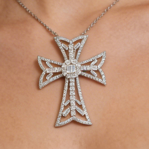 CUSTOM SILVER 10K/14K/18K GOLD PLATED LAB GROWN CVD DIAMOND CLASSIC ENGAGEMENT <b>GIFT</b> SWEATER CHAIN NECKLACE CROSS PENDANT - Product Image 4