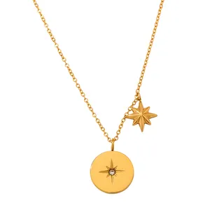 Ins Fashion – collier en acier inoxydable plaqué or 18 carats, plaque ronde, pendentif octogonal étoile en Zirconium, collier pour femme