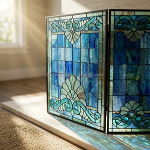 Écran de cheminée en vitrail, 3 panneaux, design baroque, décoration traditionnelle, couleur bleue, forme rectangulaire, décoration - Product Image 3