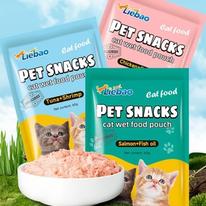 La mejor oferta, versión en inglés, 60g, Liebao, bolsa de comida para gatos, hierba gatera de pollo, golosinas para mascotas, atún, camarón, salmón, aceite de pescado, comida húmeda completa para gatos - Product Image 1