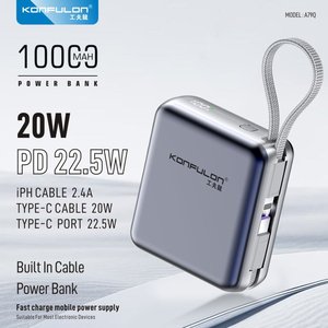 KONFULON Power Bank 10000mAh Li-Polymer con Cavo Integrato, Ricarica Rapida 22.5W, Portatile per Uso Esterno - Product Image 3