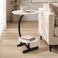 Table d'appoint moderne en forme de C à 2 niveaux, table d'appoint ronde pour canapé avec structure métallique pour salon