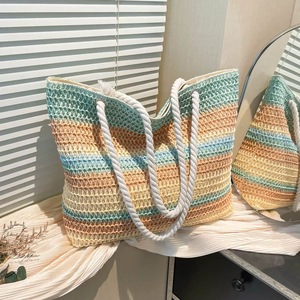 Nuevo Bolso de Hombro de Paja con Bloques de Color y Rayas Arcoíris para Mujer, Bolso de Playa de Gran Capacidad para Vacaciones en la Costa - Product Image 1