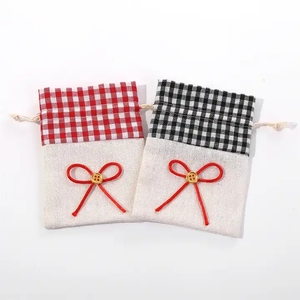 10*14cm Bow Tie Plaid Cotton Jewelry Pouch Portable Wedding Gift Drawstring Bag <b>Candy</b> Storage for Packing Party Favor - Product Image 2