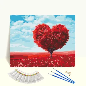 DIY设计红色爱心树画按数字在画布上浪漫风景亚克力画按数字定制成人礼品