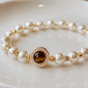 925 Sterling Silver Pearl and Tiger Eye Stone <b>Bracelet</b> for Women High End <b>Bracelet</b> with a Stylish and Elegant Design - Product Image 1
