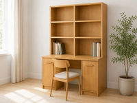Bureau d'étude moderne en contreplaqué finition chêne avec étagère intégrée, table d'apprentissage pour bureau à domicile, armoire de rangement