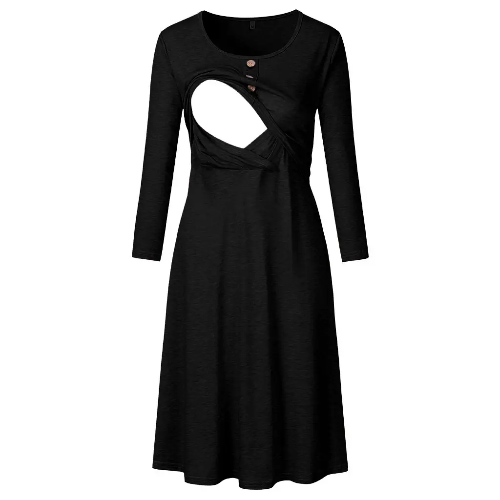 Maternity Nursing Dress Maxi Long Sleeve Fall A Line Maternity Dresses for Breastfeeding Clothes for Pregnant Women with Button