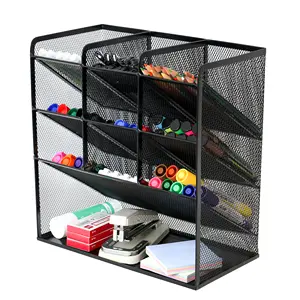 Large Capacity Customized 3 Tier 10 Compartments Metal Mesh Back Desk Pen Pencil Holder Stand
