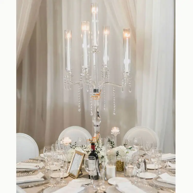 Crystal Wedding 5 Arms Candelabra Clear Cheap Tall Wedding Table Tree Centerpiece Glass Candlestick Holders For Wholesale