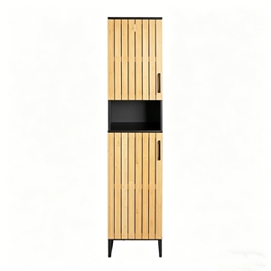 Mobiletto Alto in Bambù con Ante in Lino, Ripiano Aperto, Design Moderno e Durevole, 30x30x170cm per Soggiorno - Product Image 1