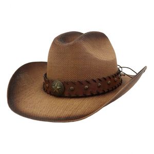 Chapeau de cowboy de bonne qualité en paille de papier, fait main, avec décorations, idéal pour les vacances d'été - Product Image 2