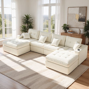 Sofá Modular de Terciopelo Moderno, Extensible, con Función de Masaje, en Forma de L, Diseño Tufted, Múltiples Combinaciones, Bolsillos Laterales, para Sala de Estar - Product Image 1