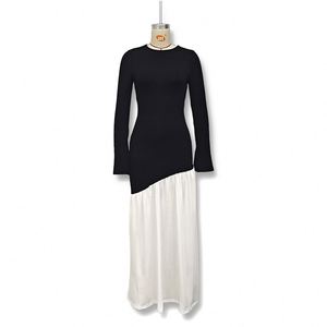 Robe de soirée chic pour femme 2025, coupe ajustée, col rond, manches longues, asymétrique, patchwork noir et blanc avec dentelle et sequins - Product Image 5