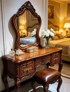 Antique Hand Carved Solid Wood <b>Dressing</b> <b>Table</b> Set, Brown Makeup <b>Vanity</b> with Leather Stool & Ornate <b>Mirror</b> for Bedroom <b>Table</b> - Product Image 3