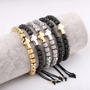 High Quality New Design Stainless Steel Beads Cross Charm Customized Logo Macrame Men Friendship Bracelet