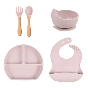 Mới nhất BPA miễn phí bé Nguồn cung cấp Feeding Set 5 pcs bé Silicone BIB Dinner tấm Sucker bát muỗng nĩa Bộ đồ ăn