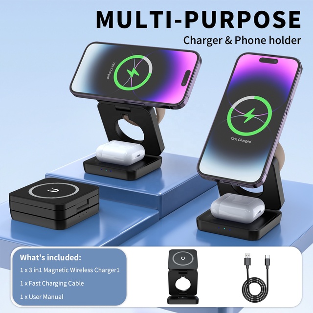 Portable 3 in 1 Magnetic Wireless Charger Station Earbuds Watch Phone Foldable Wireless Charging Stand for iPhone AirPods iWatch