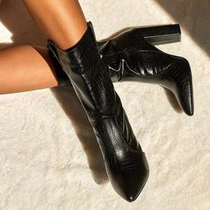 Mini bottines CSB32 à talons épais en cuir verni, imprimé croco, noir, <span class=keywords><strong>bottes</strong></span> de cheville - Product Image 3