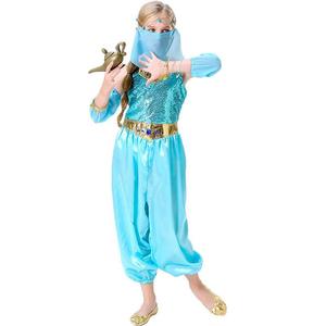 Costume de princesse Jasmine de Disney pour enfants, combinaison bleue avec voile pour spectacle de fête d'Halloween - Product Image 1
