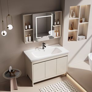 Meuble de salle de bain avec lavabo intégré, lavabo en céramique sur pied - Product Image 6