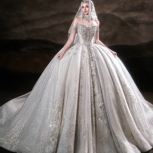 Robe de mariée moderne LSHT114 en ivoire royal à col montant, longue, en dentelle florale avec appliques de cristaux, pour femme, idéale pour les fêtes - Product Image 1