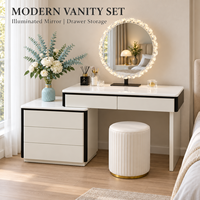 Coiffeuse blanche avec miroir rond éclairé et armoire de rangement latérale, ensemble de maquillage pour chambre à coucher et dressing féminin