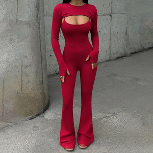 Conjunto de Dos Piezas Rojo para Mujer, Mono de Manga Larga con Espalda Descubierta y Cintura Alta, Ropa de Club, Color Sólido, Tela Elástica - Product Image 1
