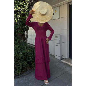 Robe tricotée ethnique à col en V, jupe superposée ample, taille naturelle, respirante, robe décontractée pour les vacances - Product Image 1