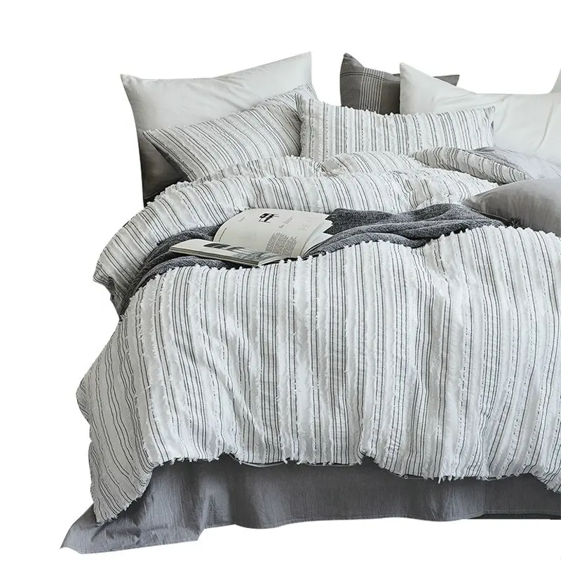 Оптовая продажа, Королевский Серый комплект постельного белья, современный полноразмерный хлопковый комплект из 4 предметов с жаккардовыми полосками, подходящая подушка, пододеяльник