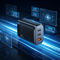 Chargeur mural GaN en gros pour ordinateur portable, 2 ports Type-C, 1 port USB-A, 65W max, QC PD, pour téléphones mobiles