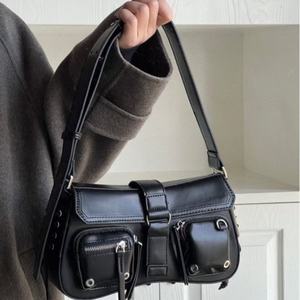 Glossy Leather <b>Motorcycle</b> Style Handbag Multi Compartment Top Handle Crossbody - Product Image 3