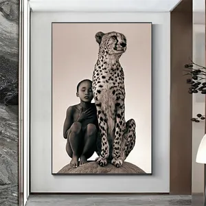 现代野生非洲动物男孩和猎豹艺术品海报高清印刷帆布墙艺术画装饰简易安装画