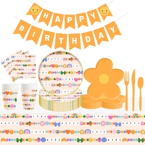 DAMAI Floral Kids Happy Birthday Party Supplies Girls Rainbow Orange Flower Shape <b>Disposable</b> <b>Tableware</b> Paper Napkins Cups Plates - Product Image 2