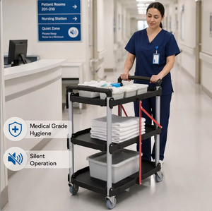 Chariot de service pliable robuste à 3 niveaux avec roues universelles, compartiments en PP, facile à déplacer, chariot de livraison alimentaire pliable avec poignée télescopique - Product Image 1