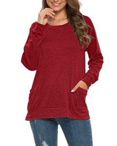 Logotipo personalizado <span class=keywords><strong>de</strong></span> las mujeres lisas <span class=keywords><strong>de</strong></span> gran tamaño Jerseys Tops <span class=keywords><strong>Moda</strong></span> All Match Elegante Túnica Camiseta <span class=keywords><strong>de</strong></span> manga larga con bolsillos delanteros - Product Image 1