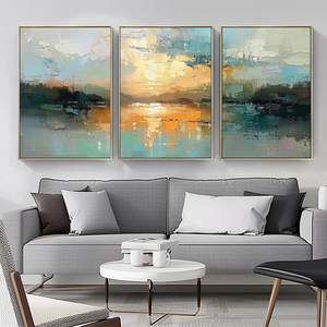 Peinture à l'huile originale moderne peinte à la main, paysage <span class=keywords><strong>de</strong></span> <span class=keywords><strong>lac</strong></span> vert, art mural abstrait vert et doré sur toile - Product Image 2